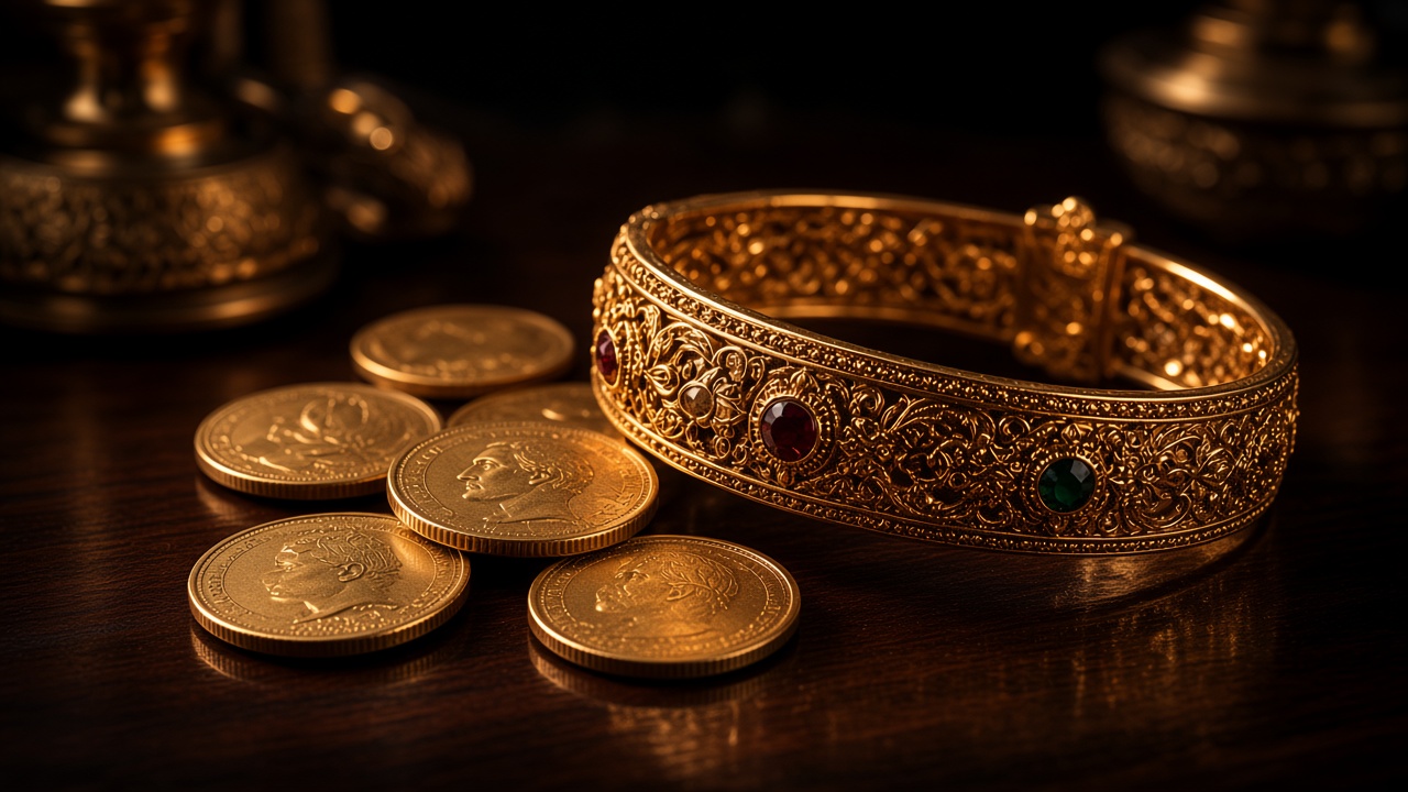 Gold bracelet and coins on a dark wooden surface